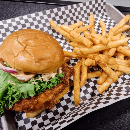 chicken burger with french fries